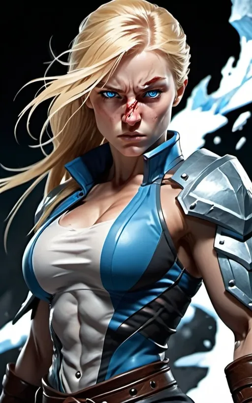 Prompt: Female figure. Greater bicep definition. Sharper, clearer blue eyes. Nosebleed. Long Blonde hair flapping. Frostier, glacier effects. Fierce combat stance. Enraged. 