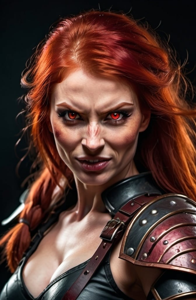 Prompt: Evil red-haired warrior woman with a mischievous grin. Carmine, red eyes. Fierce combat stance.