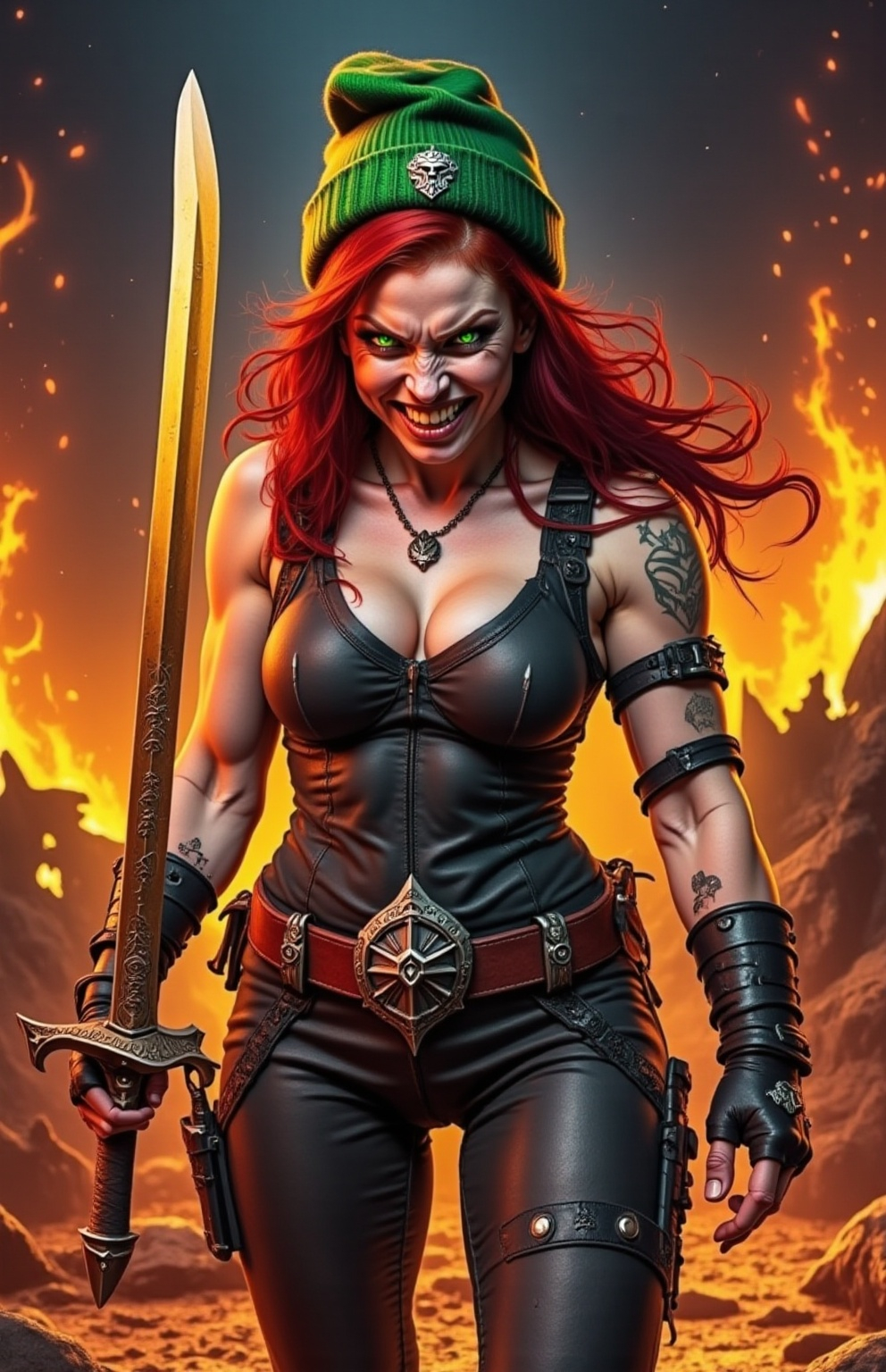 Prompt: @wbV7YKlXTFt2cBPb46HT A fierce female warrior with a determined expression licks her gleaming blade in sadistic glee. She stands in a dimly lit, battle-scarred landscape, the remnants of a fierce conflict scattered around her—broken weapons and tattered banners. The moonlight casts an eerie glow, highlighting the intricate designs etched into her weapon and the fierce glint in her eyes. Her armor is a mix of dark leather and metal, adorned with spikes and battle scars, emphasizing her ruthless nature. The camera captures her in a close-up, focusing on the sharp edge of the blade and the wicked smile on her face, while shadows dance around her, enhancing the ominous atmosphere.