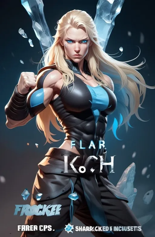 Prompt: Female figure. Greater bicep definition. Sharper, clearer blue eyes. Nosebleed. Long Blonde hair flapping. Frostier, glacier effects. Fierce combat stance. Raging Fists. Icy Knuckles.