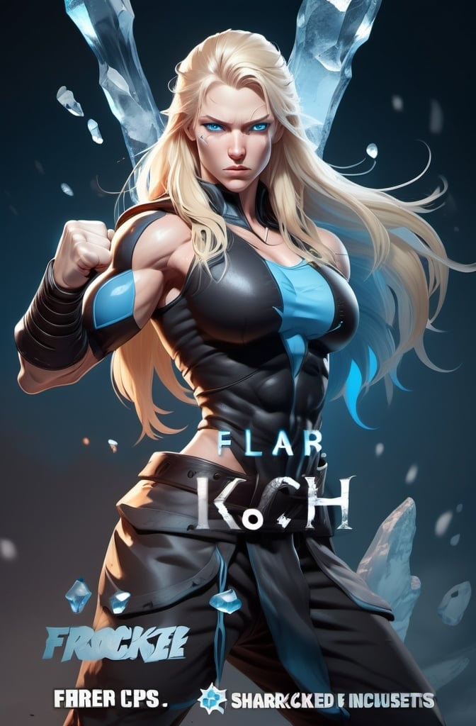 Prompt: Female figure. Greater bicep definition. Sharper, clearer blue eyes. Nosebleed. Long Blonde hair flapping. Frostier, glacier effects. Fierce combat stance. Raging Fists. Icy Knuckles.