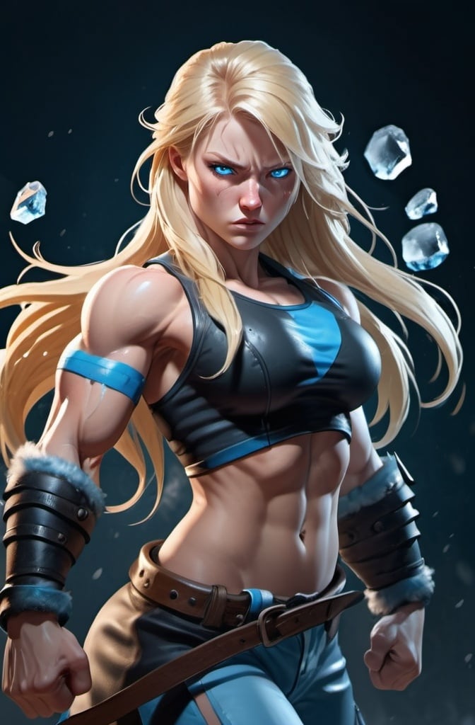 Prompt: Female figure. Greater bicep definition. Sharper, clearer blue eyes. Nosebleed. Long Blonde hair flapping. Frostier, glacier effects. Fierce combat stance. Raging Fists. Icy Knuckles.