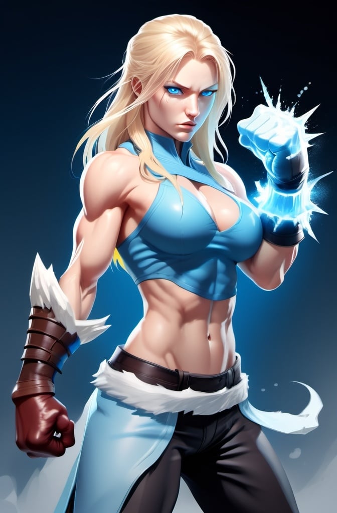 Prompt: Female figure. Greater bicep definition. Sharper, clearer blue eyes. Nosebleed. Long Blonde hair flapping. Frostier, glacier effects. Fierce combat stance. Raging Fists. Icy Knuckles.