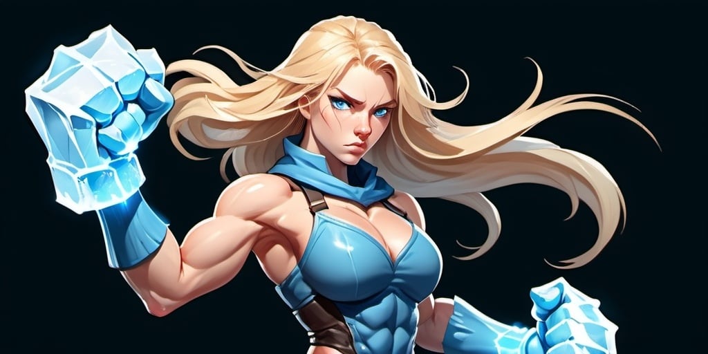 Prompt: Female figure. Greater bicep definition. Sharper, clearer blue eyes. Nosebleed. Long Blonde hair flapping. Frostier, glacier effects. Fierce combat stance. Raging Fists. Icy Knuckles. 