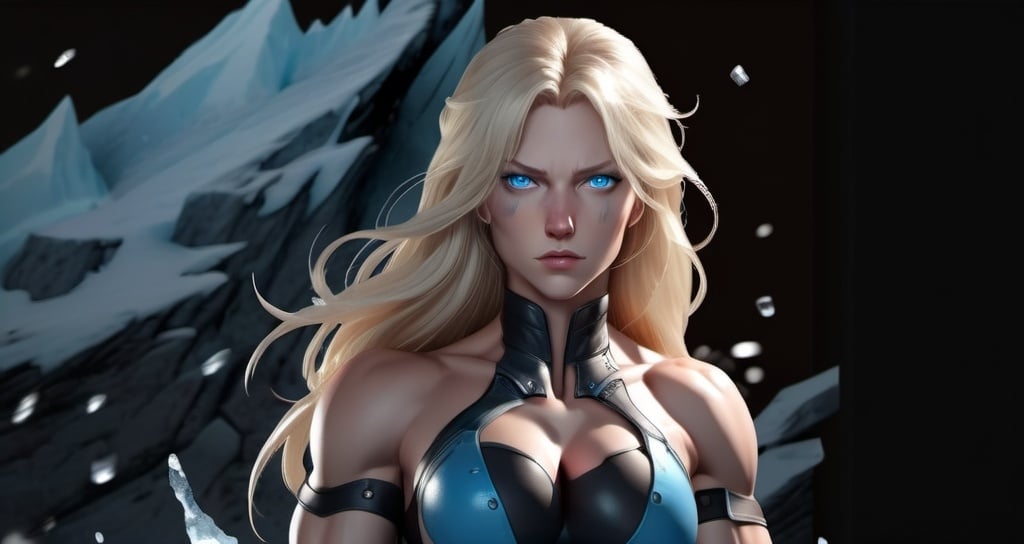 Prompt: Female figure. Greater bicep definition. Sharper, clearer blue eyes. Nosebleed. Long Blonde hair flapping. Frostier, glacier effects. Fierce combat stance. Raging Fists. Icy Knuckles.