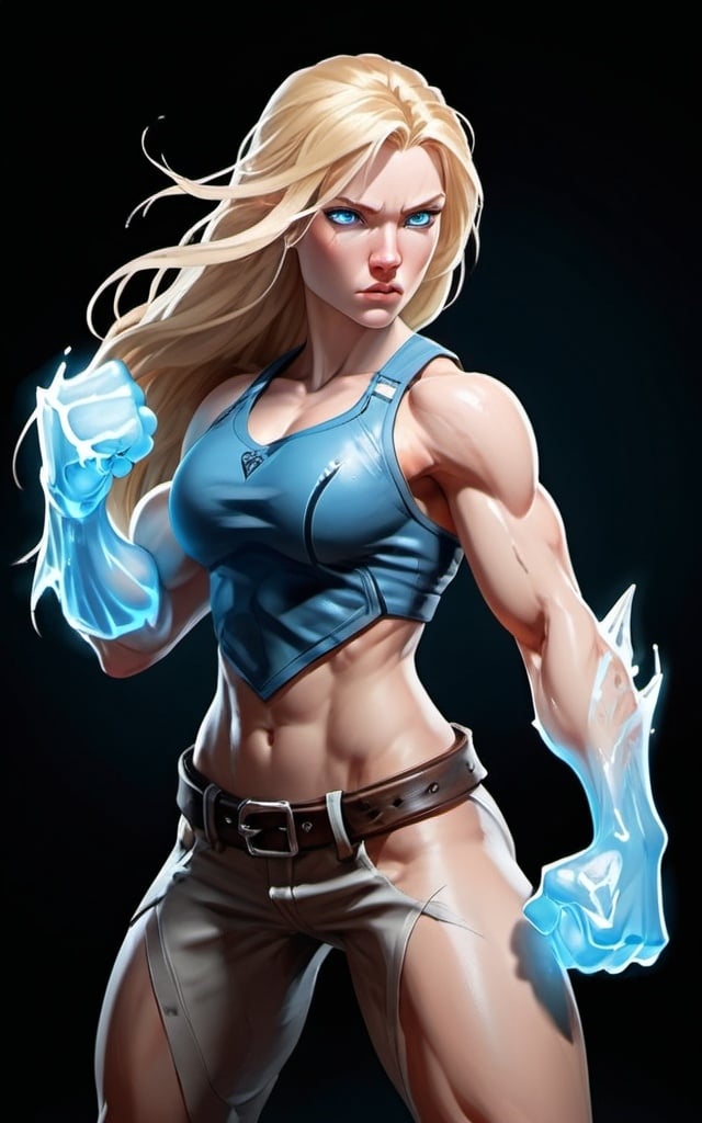 Prompt: Female figure. Greater bicep definition. Sharper, clearer blue eyes. Long Blonde hair flapping. Frostier, glacier effects. Fierce combat stance. Raging Fists. Icy Knuckles.