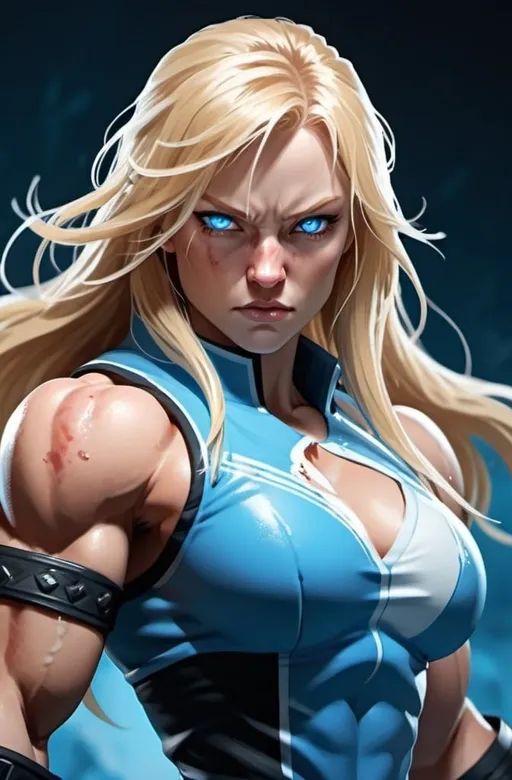 Prompt: Female figure. Greater bicep definition. Sharper, clearer blue eyes. Nosebleed. Long Blonde hair flapping. Frostier, glacier effects. Fierce combat stance. Raging Fists. Icy Knuckles. 