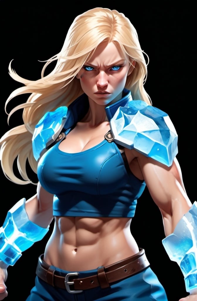 Prompt: Female figure. Greater bicep definition. Sharper, clearer blue eyes. Nosebleed. Long Blonde hair flapping. Frostier, glacier effects. Fierce combat stance. Raging Fists. Icy Knuckles.