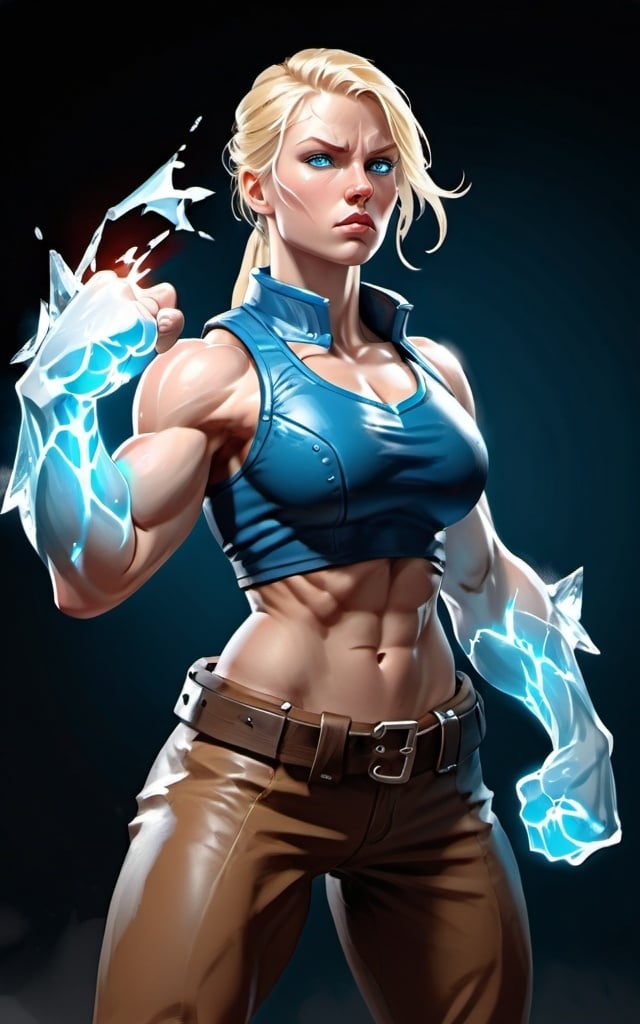 Prompt: Female figure. Greater bicep definition. Sharper, clearer blue eyes. Long Blonde hair flapping. Frostier, glacier effects. Fierce combat stance. Icy Knuckles. Raging Fists.