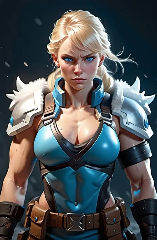 Prompt: Female figure. Greater bicep definition. Sharper, clearer blue eyes. Blonde hair flapping. Frostier, glacier effects. Fierce combat stance. Arms crossed. 