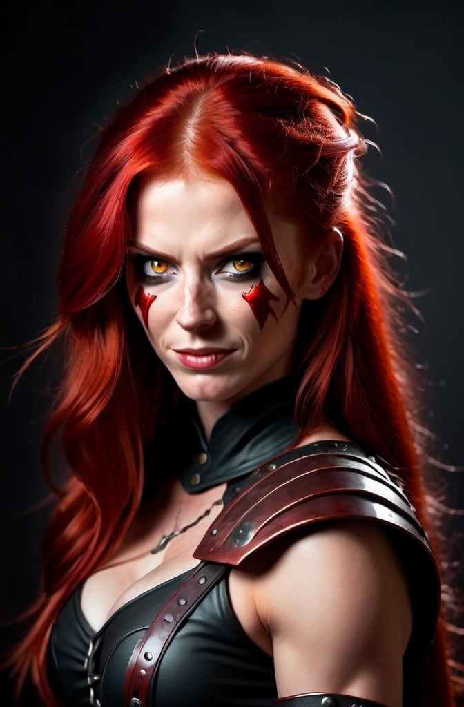 Prompt: Evil red-haired warrior woman with a mischievous grin. Carmine, red eyes. Fierce combat stance.