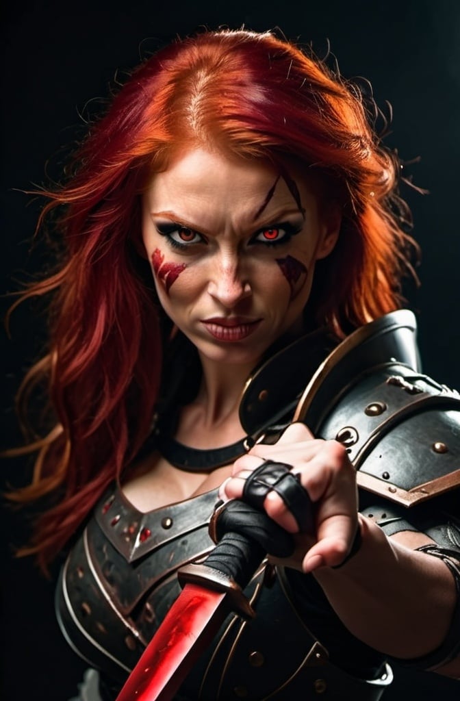 Prompt: Evil red-haired warrior woman with a mischievous grin. Carmine, red eyes. Fierce combat stance.