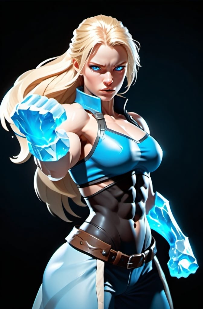 Prompt: Female figure. Greater bicep definition. Sharper, clearer blue eyes. Long Blonde hair flapping. Frostier, glacier effects. Fierce combat stance. Icy Knuckles.