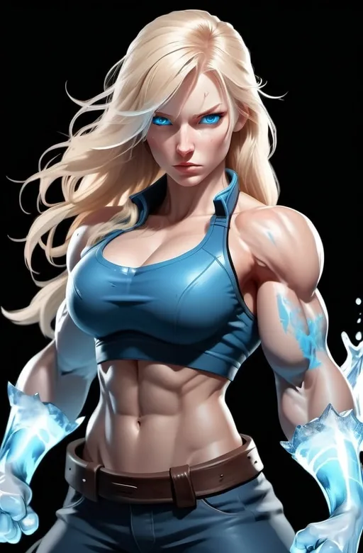 Prompt: Female figure. Greater bicep definition. Sharper, clearer blue eyes. Nosebleed. Long Blonde hair flapping. Frostier, glacier effects. Fierce combat stance. Raging Fists. Icy Knuckles.