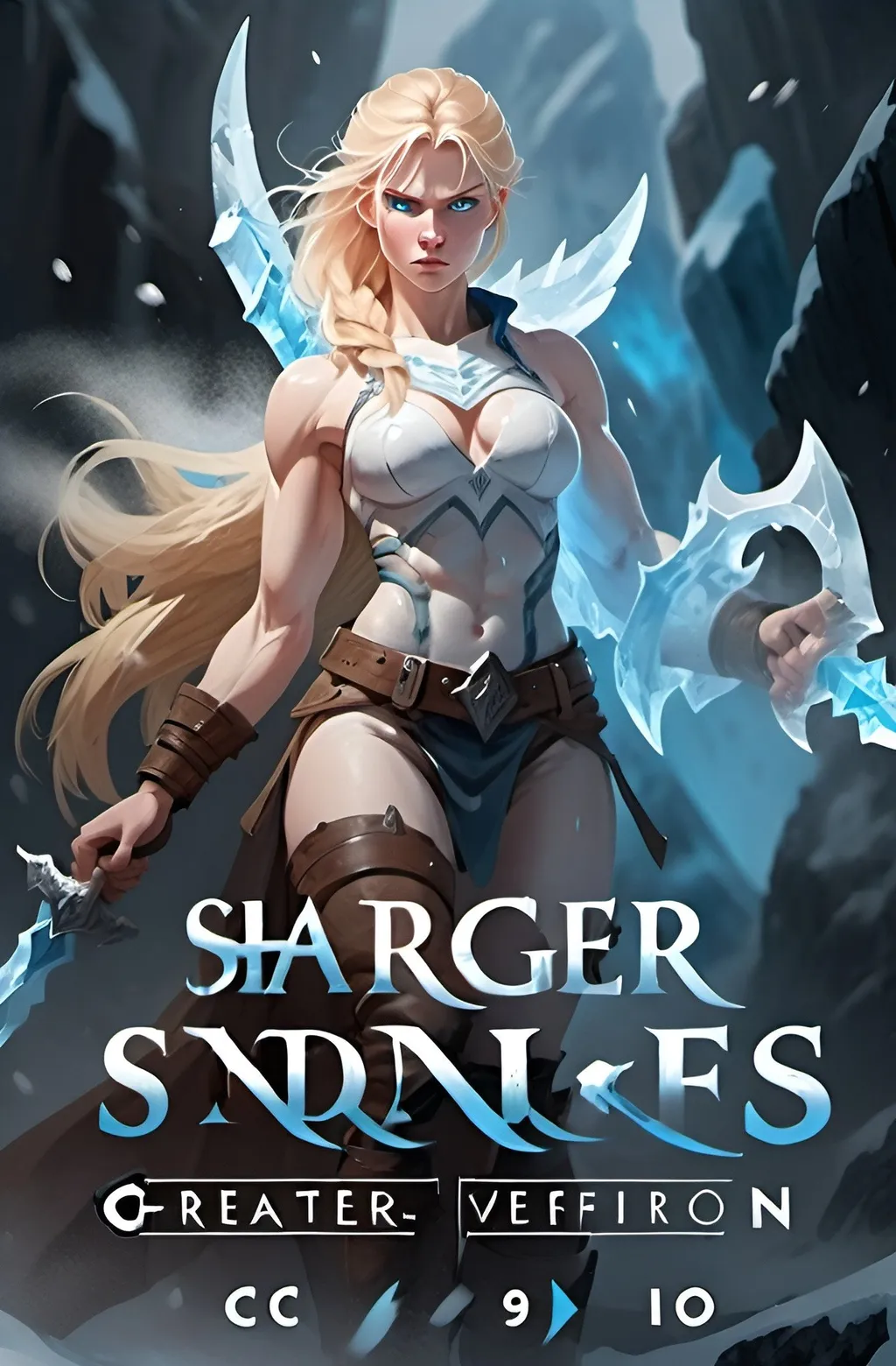 Prompt:  Female figure. Greater bicep definition. Sharper, clearer blue eyes. Blonde hair  flapping. Frostier, glacier effects. Engulfed in White Mist. Fierce combat stance. Holding Ice Daggers.