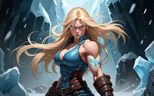 Prompt: Female figure. Greater bicep definition. Sharper, clearer blue eyes. Nosebleed. Long Blonde hair flapping. Frostier, glacier effects. Fierce combat stance. Raging Fists. Icy Knuckles. 