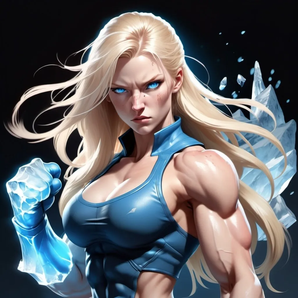 Prompt: Female figure. Greater bicep definition. Sharper, clearer blue eyes. Nosebleed. Long Blonde hair flapping. Frostier, glacier effects. Fierce combat stance. Raging Fists. Icy Knuckles.