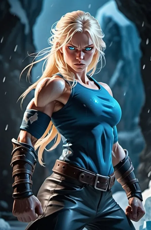 Prompt: Female figure. Greater bicep definition. Sharper, clearer blue eyes. Bleeding. Long Blonde hair flapping. Frostier, glacier effects. Fierce combat stance. Raging Fists. Icy Knuckles.