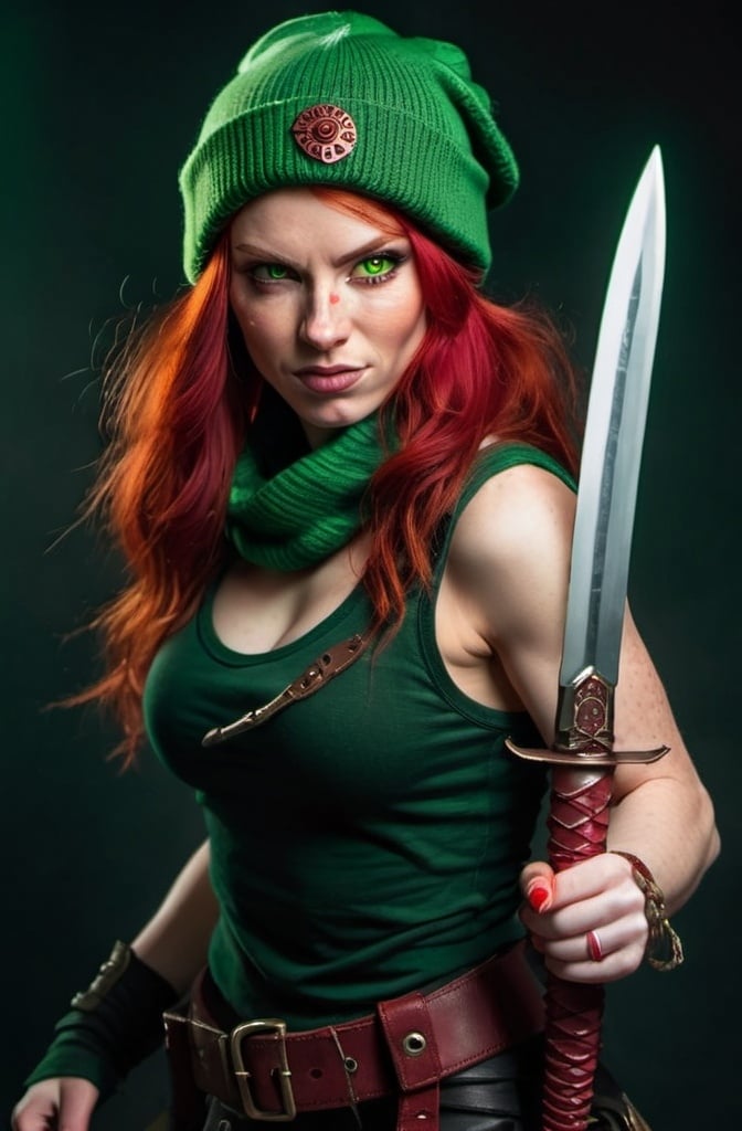 Prompt: Evil red-haired warrior woman, wearing a green beanie and a mischievous smirk. Carmine red eyes. Carries daggers. 