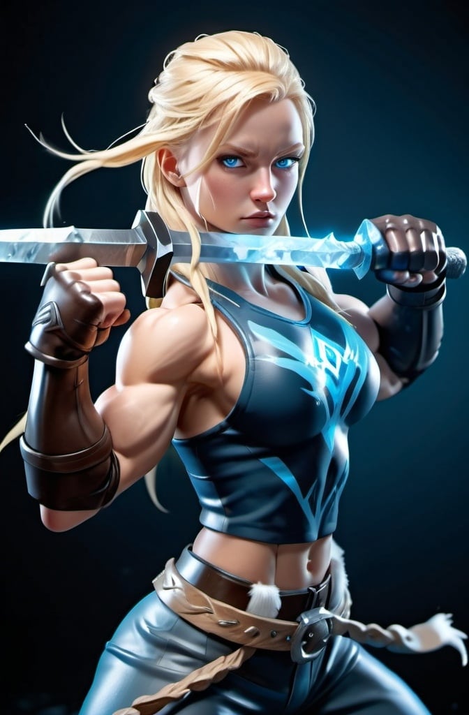 Prompt: Female figure. Greater bicep definition. Sharper, clearer blue eyes. Long Blonde hair flapping. Frostier, glacier effects. Fierce combat stance. Icy Knuckles.