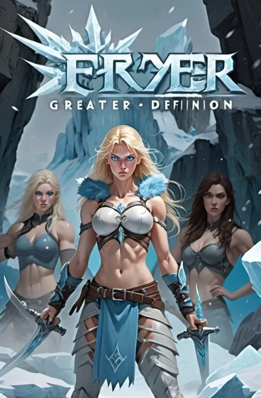 Prompt:  Female figure. Greater bicep definition. Sharper, clearer blue eyes. Nosebleed. Long Blonde hair flapping. Frostier, glacier effects. Fierce combat stance. Ice Daggers. 