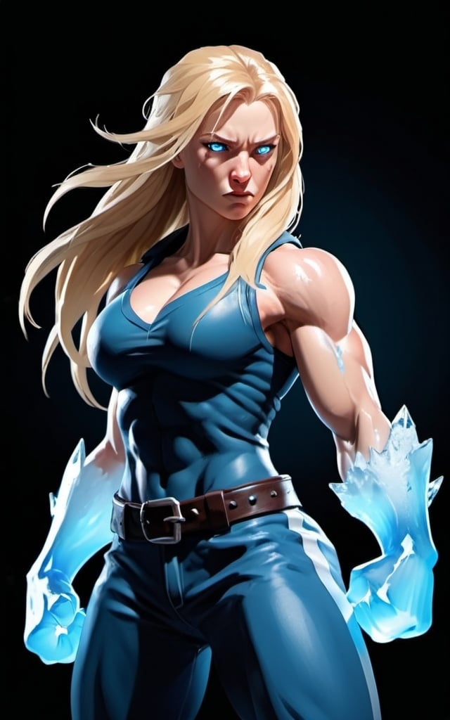 Prompt: Female figure. Greater bicep definition. Sharper, clearer blue eyes. Nosebleed. Long Blonde hair flapping. Frostier, glacier effects. Fierce combat stance. Raging Fists. Icy Knuckles. 