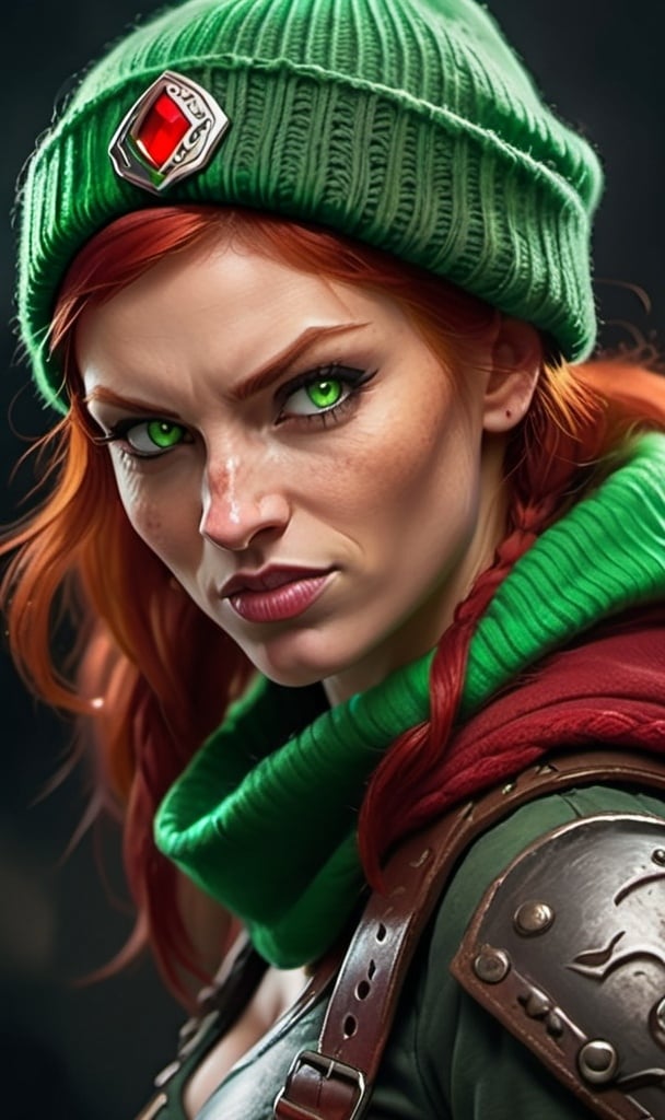 Prompt: Evil red-haired warrior woman, wearing a green beanie and a mischievous smirk. Carmine, red eyes. Fierce combat stance. 