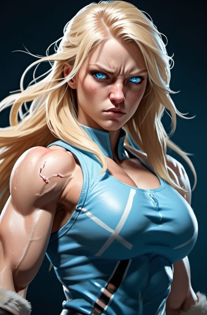 Prompt: Female figure. Greater bicep definition. Sharper, clearer blue eyes. Nosebleed. Long Blonde hair flapping. Frostier, glacier effects. Fierce combat stance. Raging Fists. Icy Knuckles. 