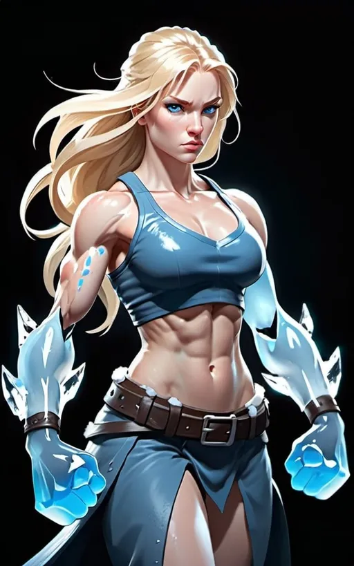 Prompt: Female figure. Greater bicep definition. Sharper, clearer blue eyes. Long Blonde hair flapping. Frostier, glacier effects. Fierce combat stance. Ice Fists.