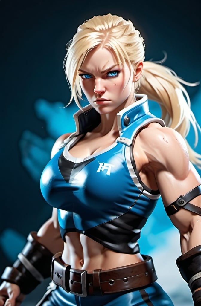 Prompt: Female figure. Greater bicep definition. Sharper, clearer blue eyes. Blonde hair.  Frostier, glacier effects.  Fierce combat stance. Raging Fists. 