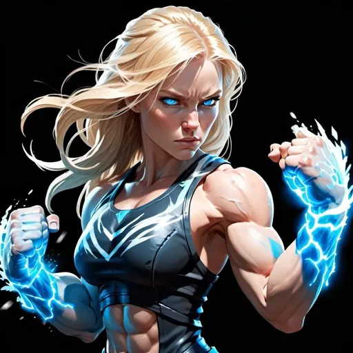 Prompt: Female figure. Greater bicep definition. Sharper, clearer blue eyes. Long Blonde hair flapping. Frostier, glacier effects. Fierce combat stance. Raging Fists.