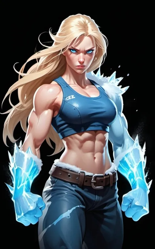 Prompt: Female figure. Greater bicep definition. Sharper, clearer blue eyes. Long Blonde hair flapping. Frostier, glacier effects. Fierce combat stance. Raging Fists. Icy Knuckles.