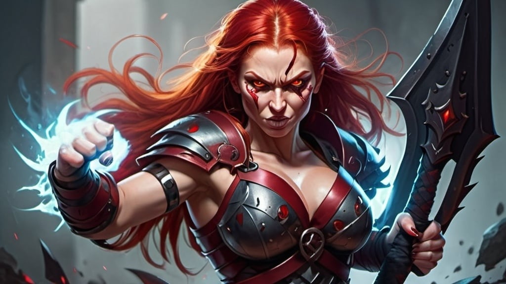 Prompt: Evil red-haired warrior woman with a mischievous grin. Carmine, red eyes. Fierce combat stance.