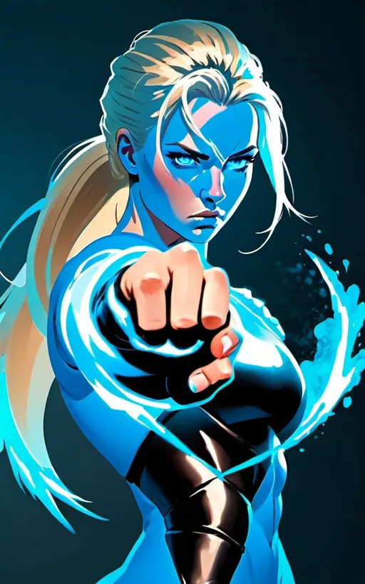 Prompt: Female figure. Greater bicep definition. Sharper, clearer blue eyes. Blonde hair  Frostier, glacier effects. Fierce combat stance.  Kicking