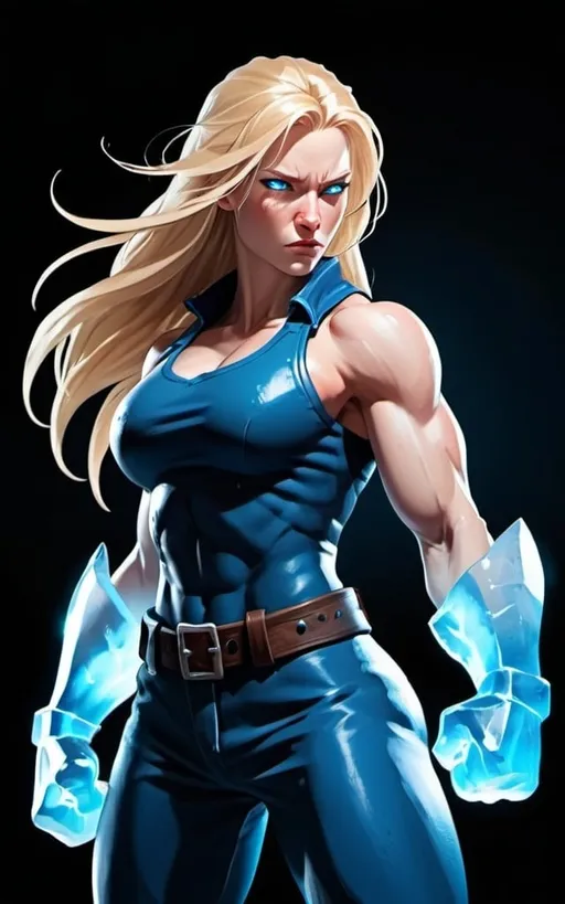 Prompt: Female figure. Greater bicep definition. Sharper, clearer blue eyes. Nosebleed. Long Blonde hair flapping. Frostier, glacier effects. Fierce combat stance. Raging Fists. Icy Knuckles. 