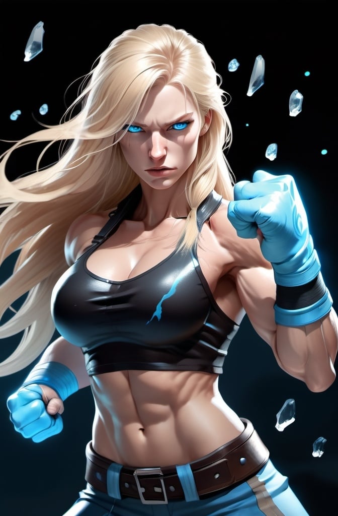 Prompt: Female figure. Greater bicep definition. Sharper, clearer blue eyes. Nosebleed. Long Blonde hair flapping. Frostier, glacier effects. Fierce combat stance. Raging Fists. Icy Knuckles.