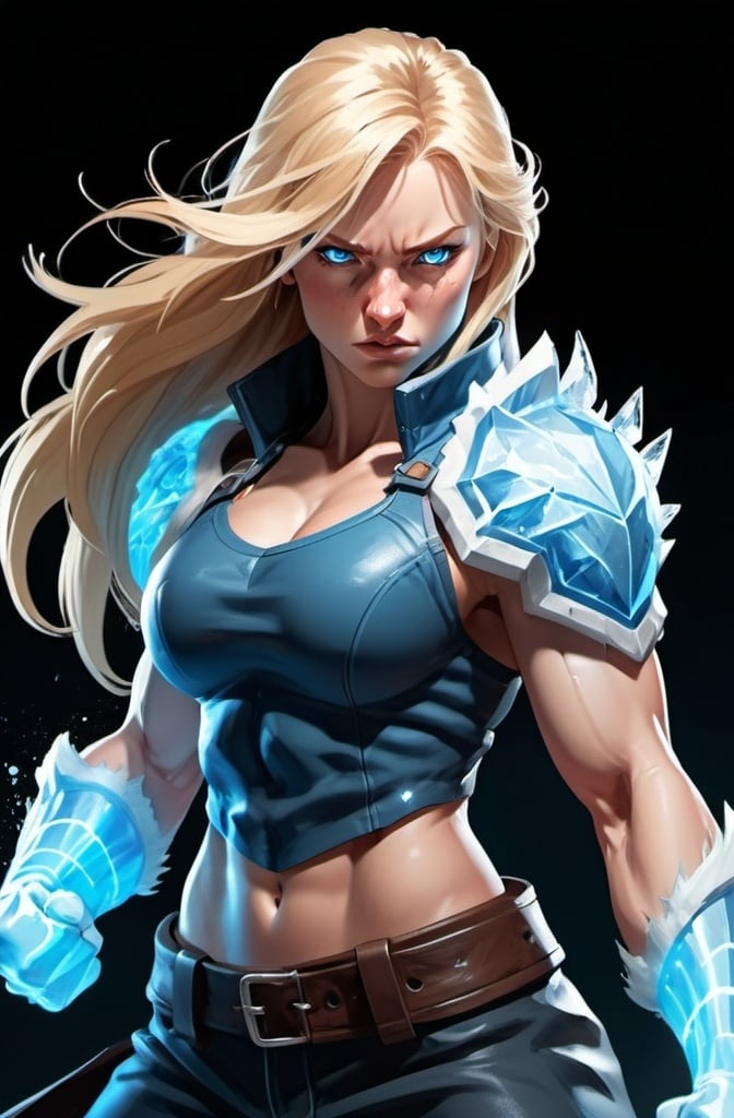 Prompt: Female figure. Greater bicep definition. Sharper, clearer blue eyes. Nosebleed. Long Blonde hair flapping. Frostier, glacier effects. Fierce combat stance. Raging Fists. Icy Knuckles.