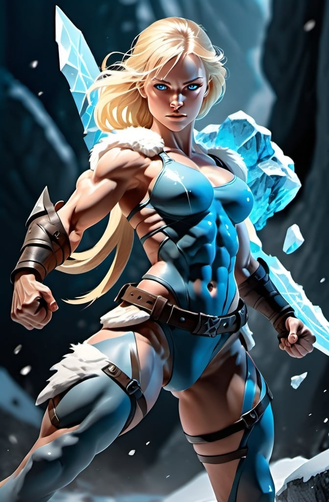 Prompt: Female figure. Greater bicep definition. Sharper, clearer blue eyes. Blonde hair flapping. Frostier, glacier effects. Fierce combat stance. 