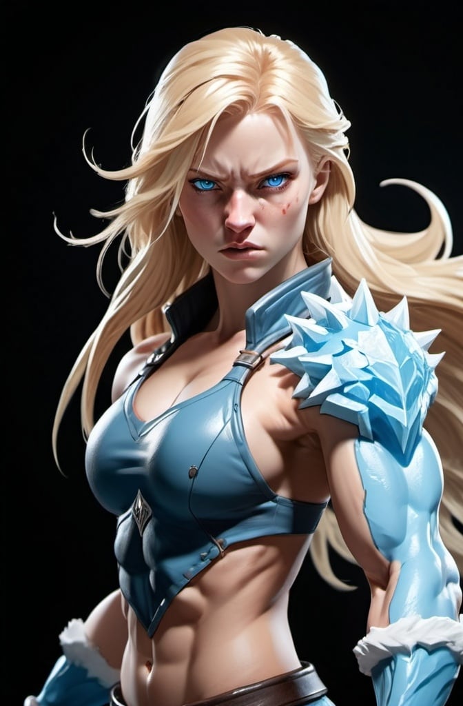 Prompt: Female figure. Greater bicep definition. Sharper, clearer blue eyes. Nosebleed. Long Blonde hair flapping. Frostier, glacier effects. Fierce combat stance. Raging Fists. Icy Knuckles.