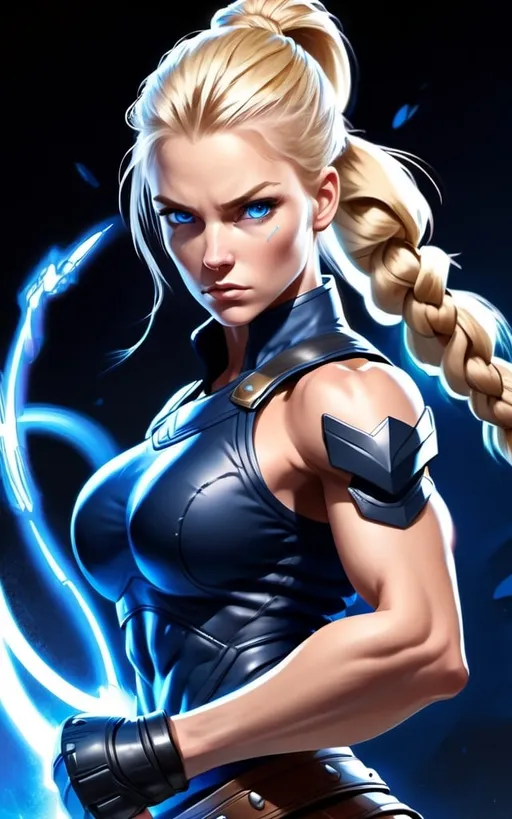 Prompt:  Female figure. Greater bicep definition. Dark Blue eyes. Blonde braided ponytail. Fierce combat stance. Raging Gravity-powered Gauntlets. 