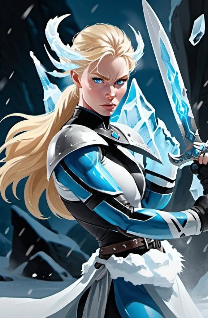 Prompt:  Female figure. Greater bicep definition. Sharper, clearer blue eyes. Blonde hair  flapping. Frostier, glacier effects. Engulfed in White Mist. Fierce combat stance. Holding Ice Daggers.