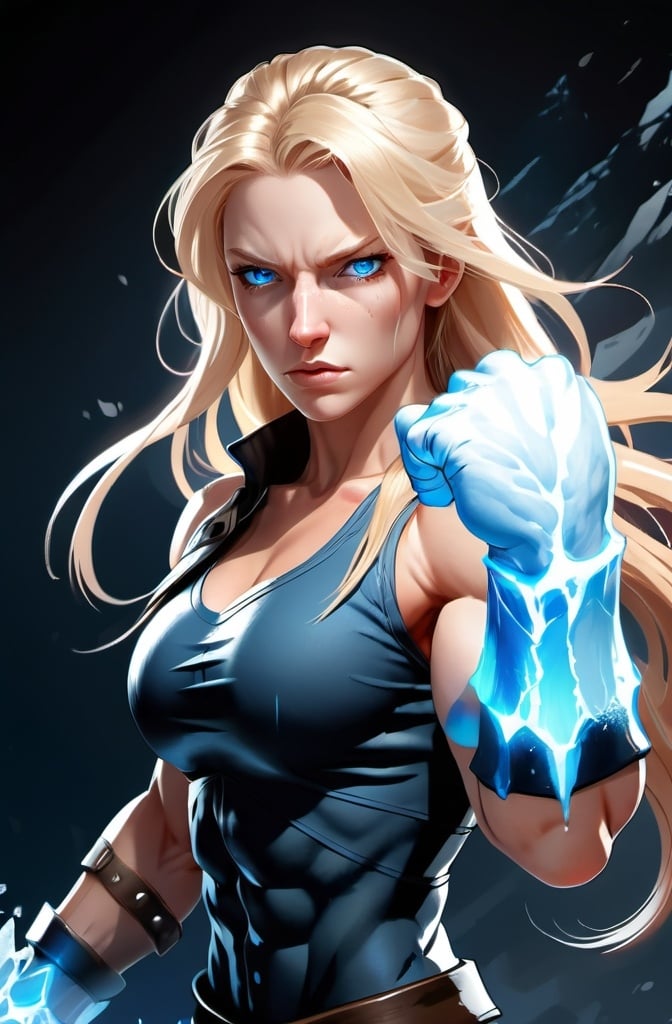 Prompt:  Female figure. Greater bicep definition. Sharper, clearer blue eyes. Nosebleed. Long Blonde hair flapping. Frostier, glacier effects. Fierce combat stance. Raging Fists. Icy Knuckles. 