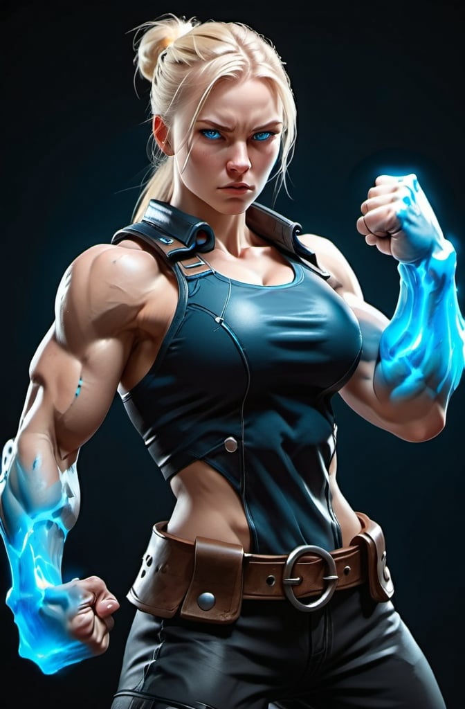 Prompt: Female figure. Greater bicep definition. Sharper, clearer blue eyes. Long blonde hair flapping. Frostier, glacier effects. Fierce combat stance. Ragings Fists