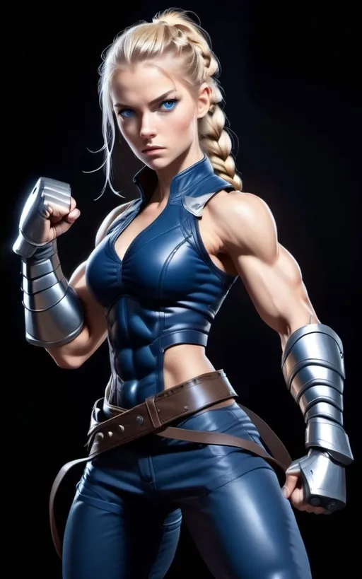 Prompt:  Female figure. Greater bicep definition. Dark Blue eyes. Blonde braided ponytail. Fierce combat stance. Raging Gravity-powered Gauntlets. 