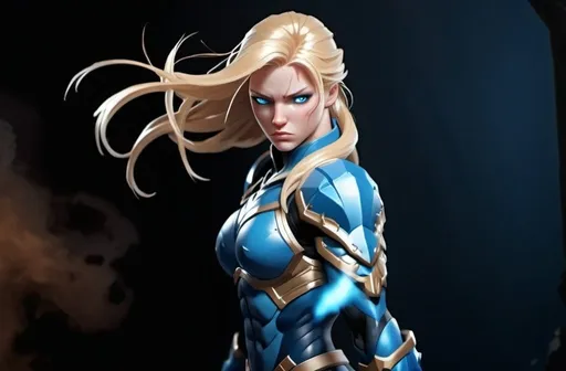 Prompt: Female figure. Greater bicep definition. Sharper, clearer blue eyes. Nosebleed. Long Blonde hair flapping. Frostier, glacier effects. Fierce combat stance. Raging Fists. Icy Knuckles. Blue armor suit.