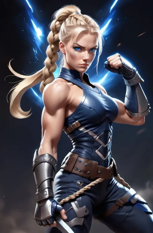 Prompt:  Female figure. Greater bicep definition. Dark Blue eyes. Blonde braided ponytail. Fierce combat stance. Raging Gravity-powered Gauntlets. 