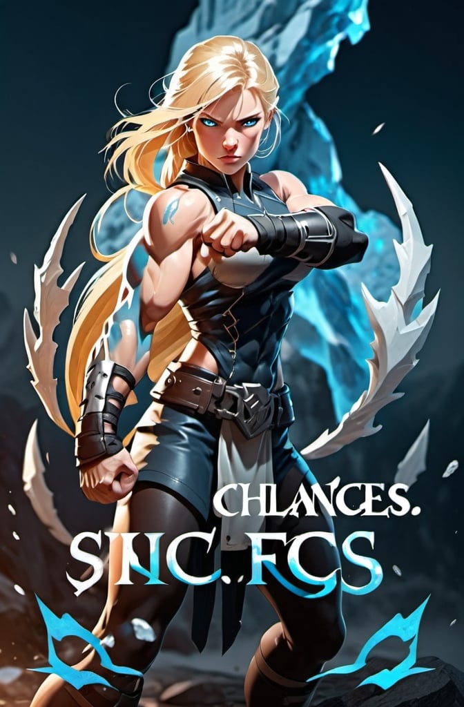 Prompt: Female figure. Greater bicep definition. Sharper, clearer blue eyes. Long Blonde hair flapping. Frostier, glacier effects. Fierce combat stance. Raging Fists. 