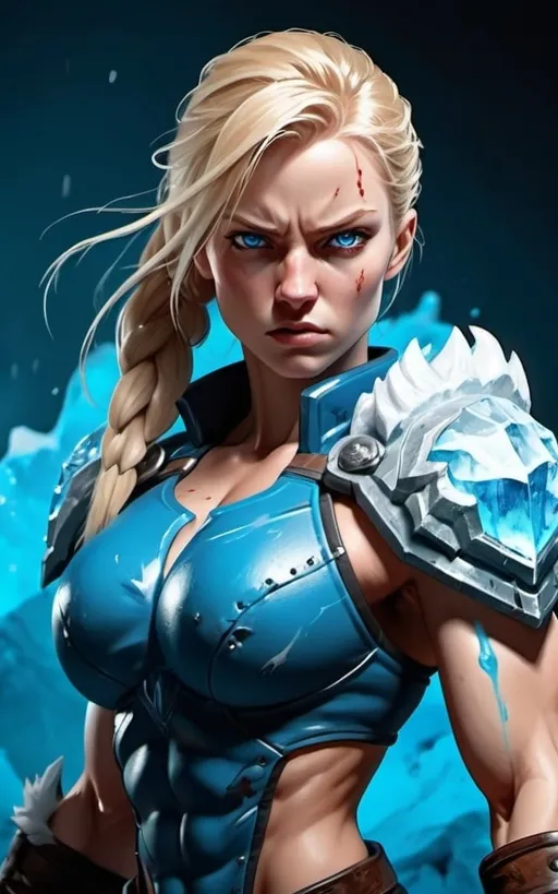 Prompt: Female figure. Greater bicep definition. Sharper, clearer blue eyes. Bleeding. Long Blonde hair flapping. Frostier, glacier effects. Fierce combat stance. Raging Fists. Icy Knuckles. 