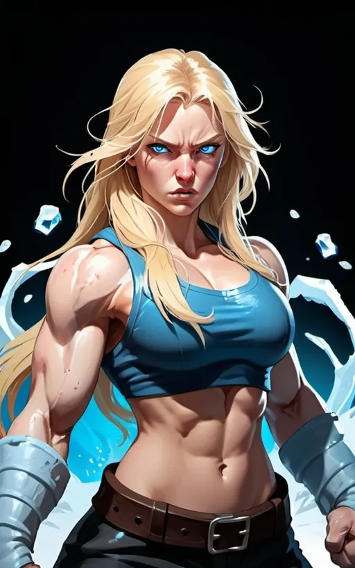 Prompt: Female figure. Greater bicep definition. Sharper, clearer blue eyes. Nosebleed. Long Blonde hair flapping. Frostier, glacier effects. Fierce combat stance. Raging Fists. Icy Knuckles.