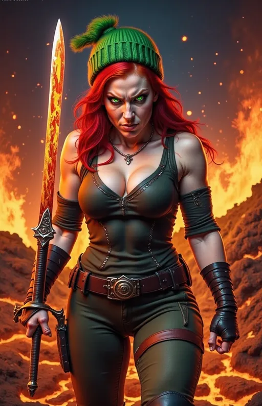 Prompt: @wbV7YKlXTFt2cBPb46HT A fierce female warrior in a dynamic combat stance, her body poised for action, with glowing lava fists ready to strike. Her expression is one of confidence, highlighted by an evil smirk that conveys her determination. The scene is set in a volcanic landscape, with molten lava bubbling around her feet and ash swirling in the air, creating an intense atmosphere. The lighting is dramatic, with the fiery glow of the lava illuminating her figure and casting flickering shadows. The camera angle is low, emphasizing her powerful stance and the chaotic environment, capturing the energy of the moment as she prepares for battle.